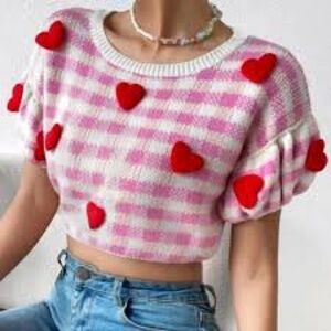 SHEIN Pink and White Checkered Crop Top with Red Hearts/Size M
